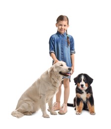 Image of Cute child and dogs on white background. First pet