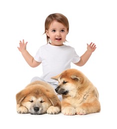 Image of Cute child and fluffy dogs on white background. First pet