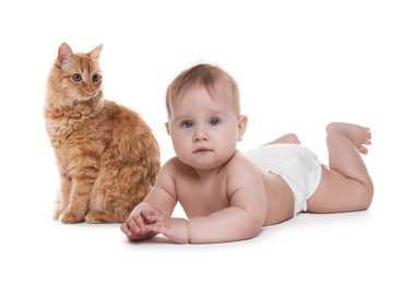 Image of Cute child and cat on white background. First pet