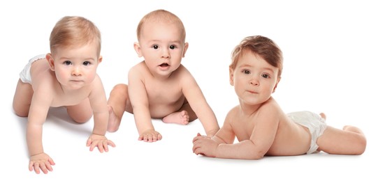 Image of Adorable babies in diapers on white background