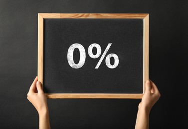 Image of Zero percent commission. Woman holding chalkboard with 0% against dark background, closeup