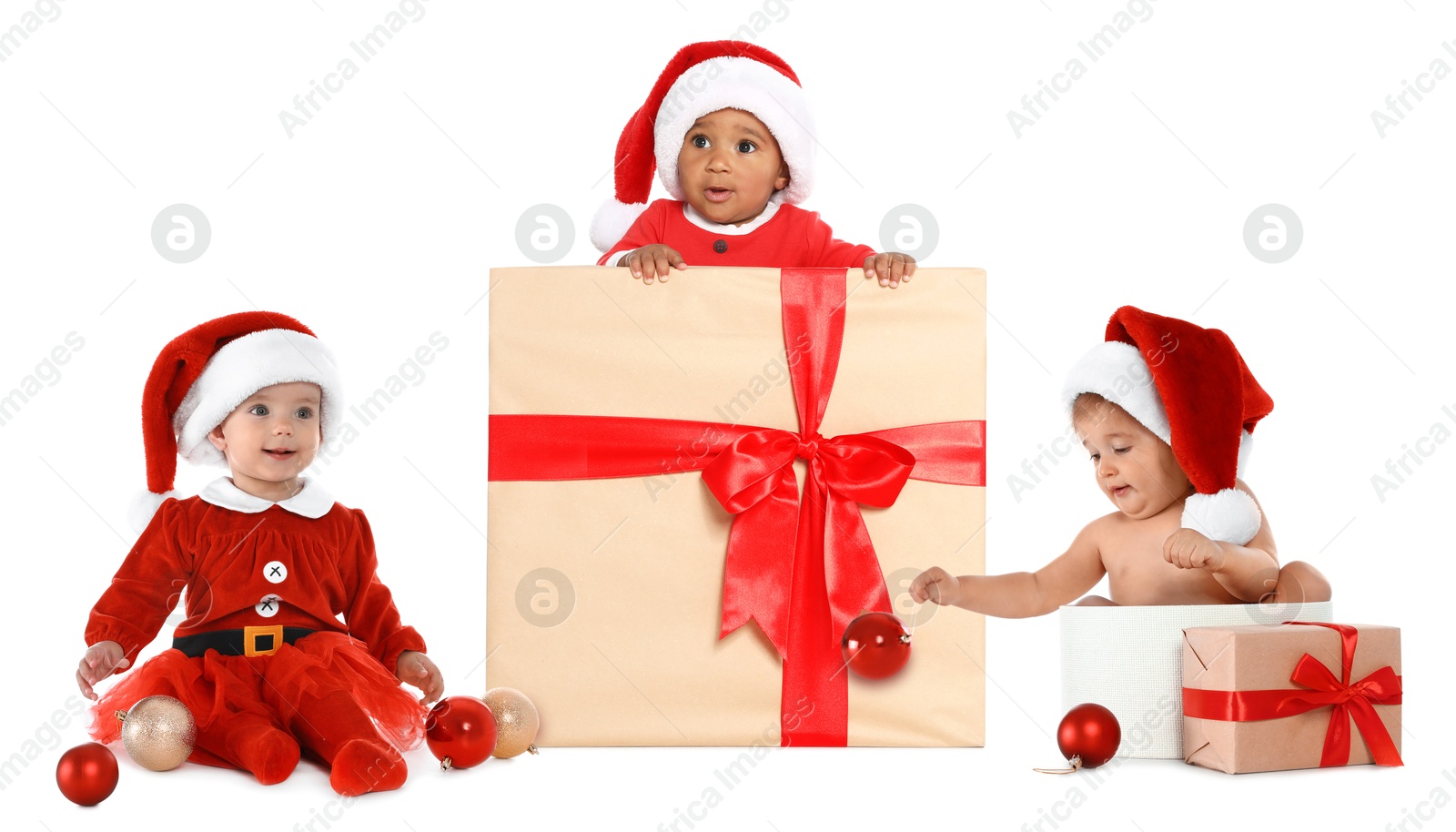 Image of Adorable babies with Santa hats, Christmas balls and gift boxes on white background