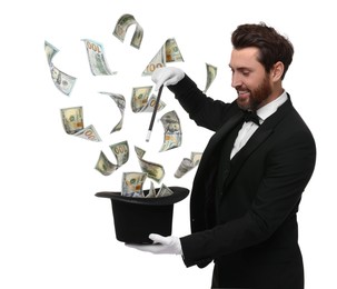 Image of Magician performing trick with money flying out of hat against white background