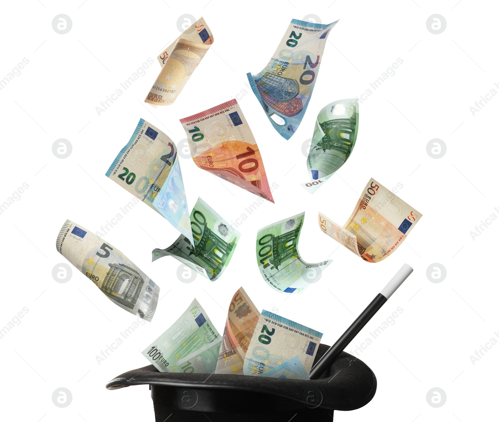 Image of Money flying out of magician's hat against white background