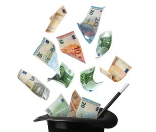 Image of Money flying out of magician's hat against white background