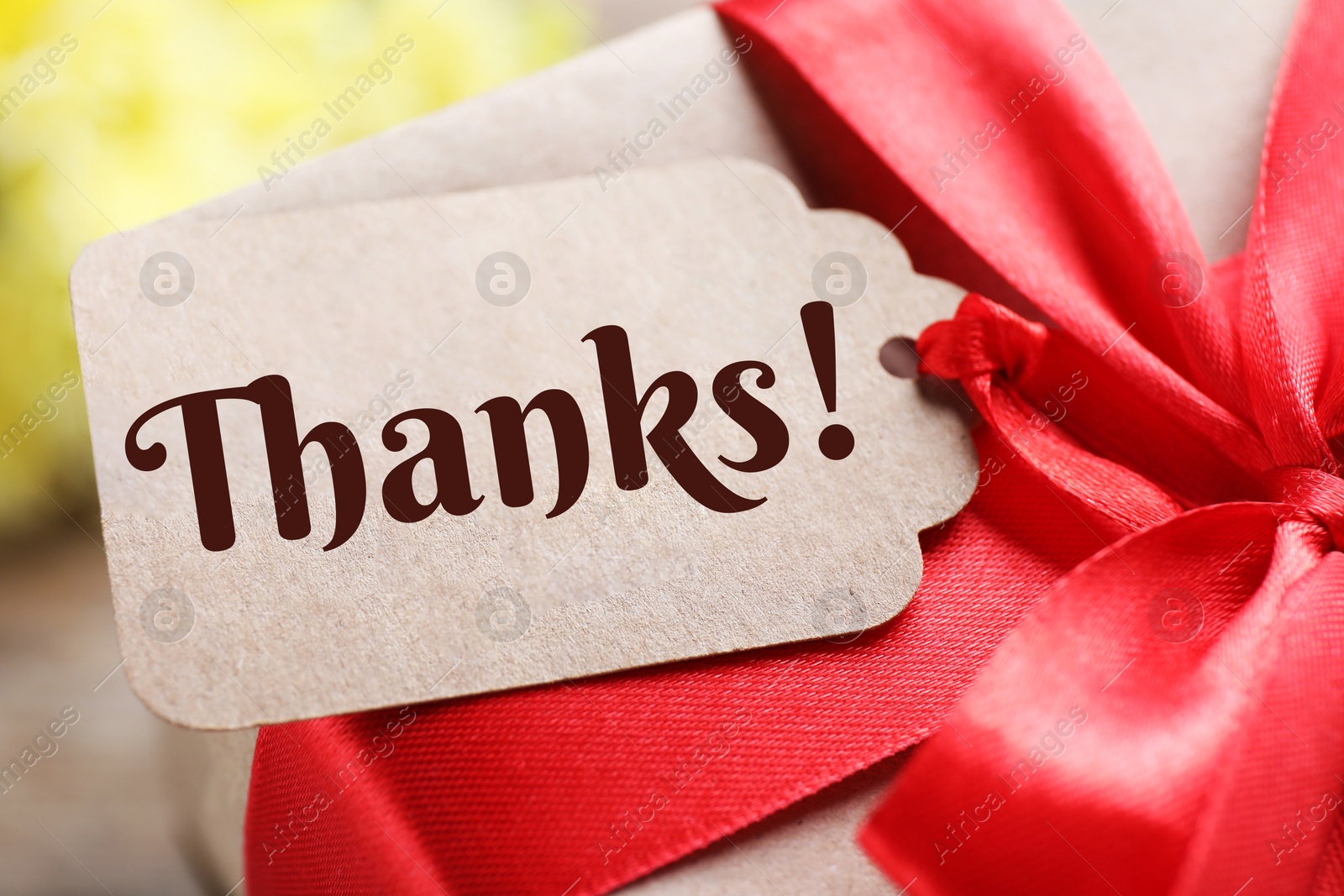 Image of Thank tag attached to gift box, closeup