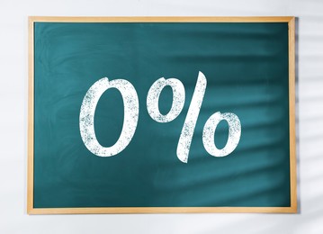 Image of Zero percent commission. Chalkboard with 0% hanging on white wall