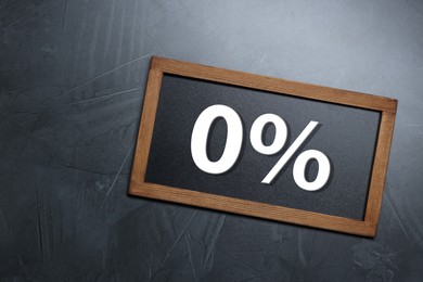 Image of Zero percent commission. Chalkboard with 0% on grey textured background, top view