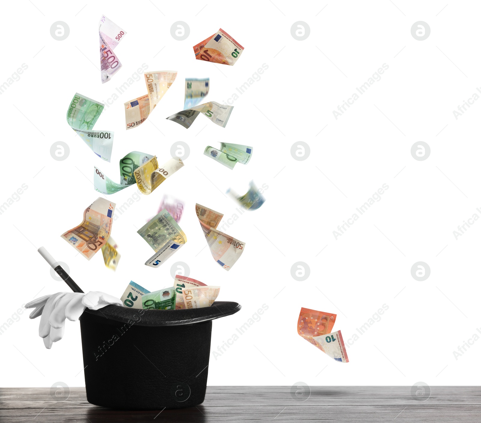Image of Money flying out of magician's hat against white background