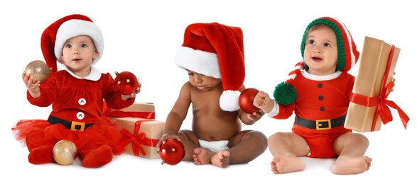 Image of Adorable babies with Santa hats, Christmas balls and gift boxes on white background