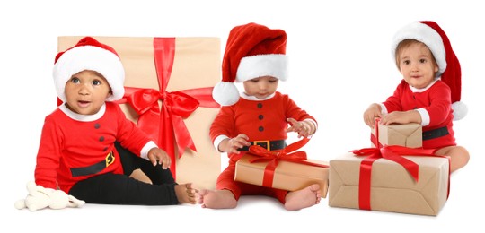Image of Adorable babies with Santa hats and gift boxes on white background. Christmas celebration