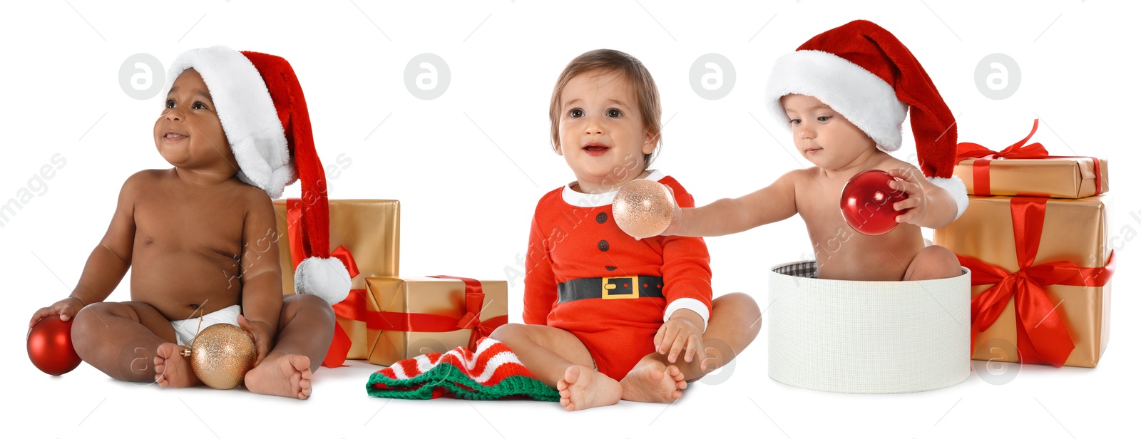 Image of Adorable babies with Santa hats, Christmas balls and gift boxes on white background