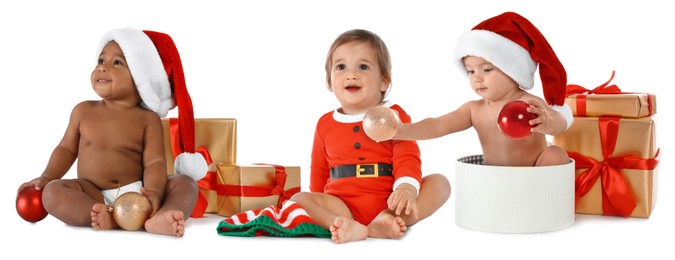 Image of Adorable babies with Santa hats, Christmas balls and gift boxes on white background