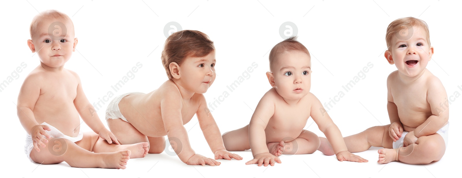 Image of Adorable babies in diapers on white background