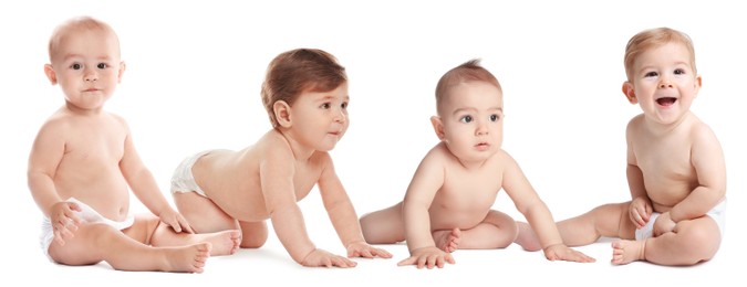 Image of Adorable babies in diapers on white background