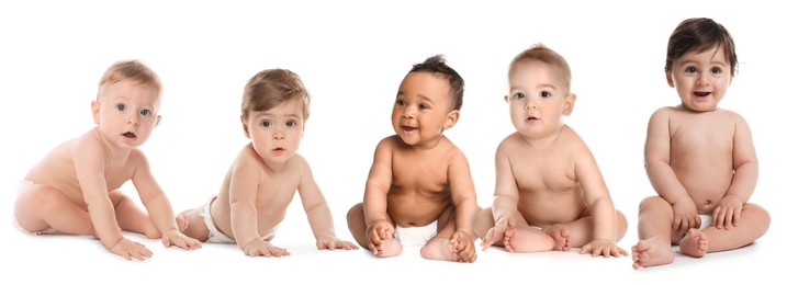 Image of Adorable babies in diapers on white background