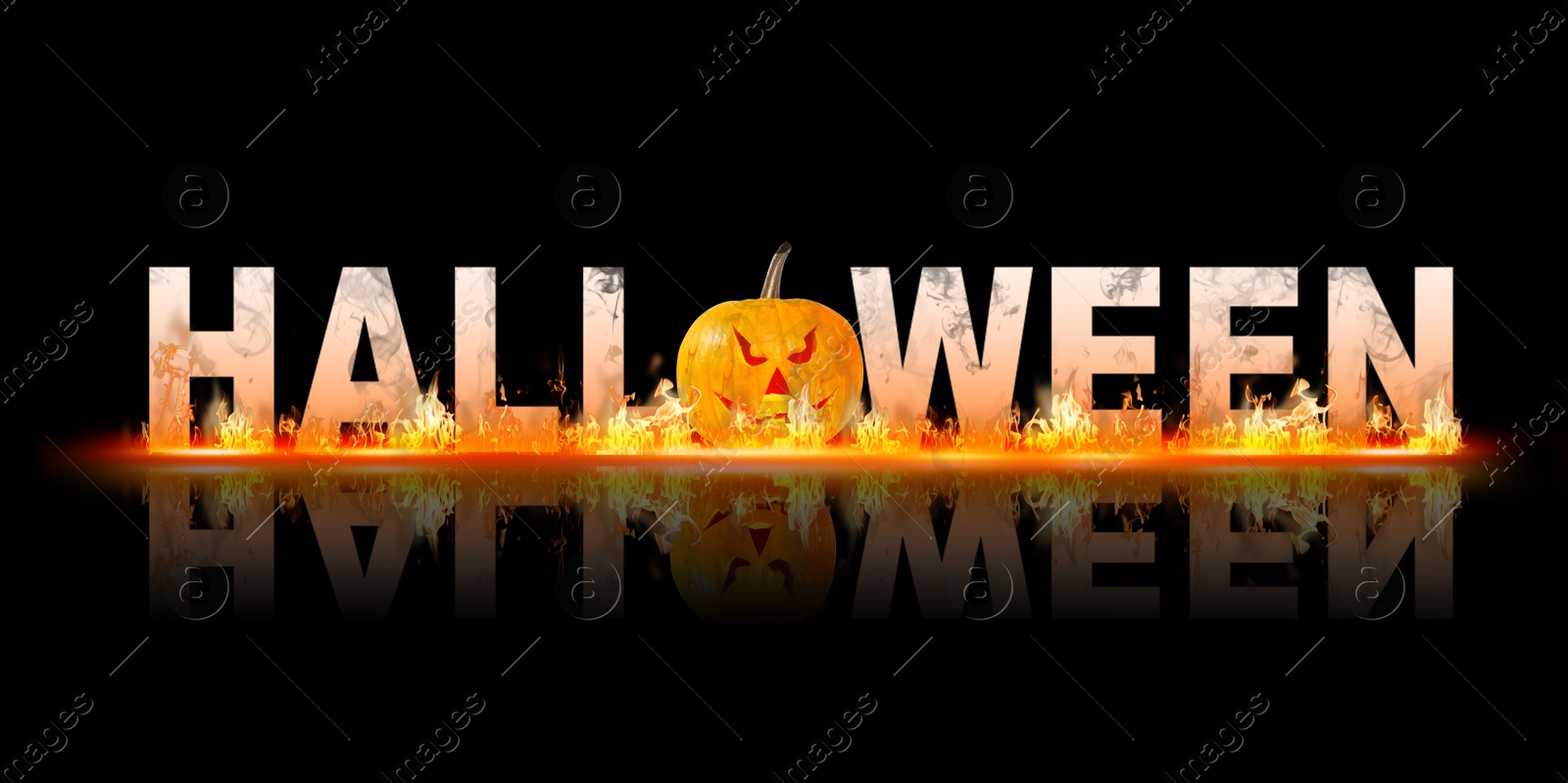 Image of Halloween poster, banner design. Jack-O-Lantern instead of O and letters with flames against black background