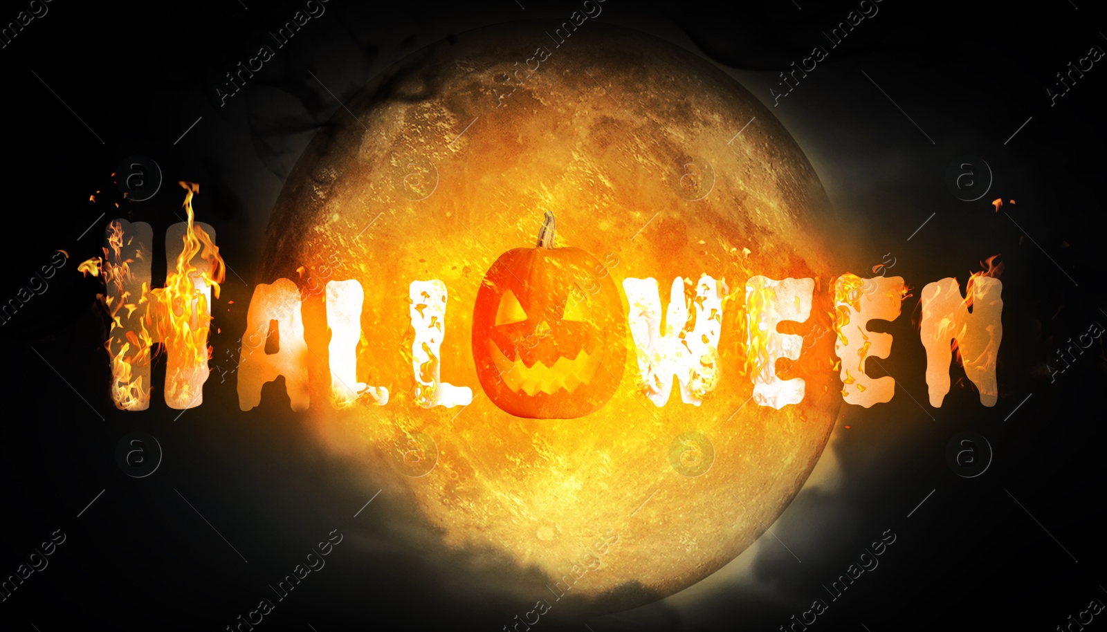 Image of Halloween poster, banner design. Jack-O-Lantern instead of O and letters with flames against full moon on black background