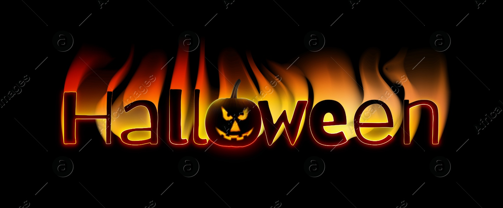 Image of Halloween poster, banner design. Jack-O-Lantern instead of O and flaming letters against black background