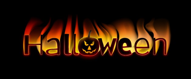 Image of Halloween poster, banner design. Jack-O-Lantern instead of O and flaming letters against black background