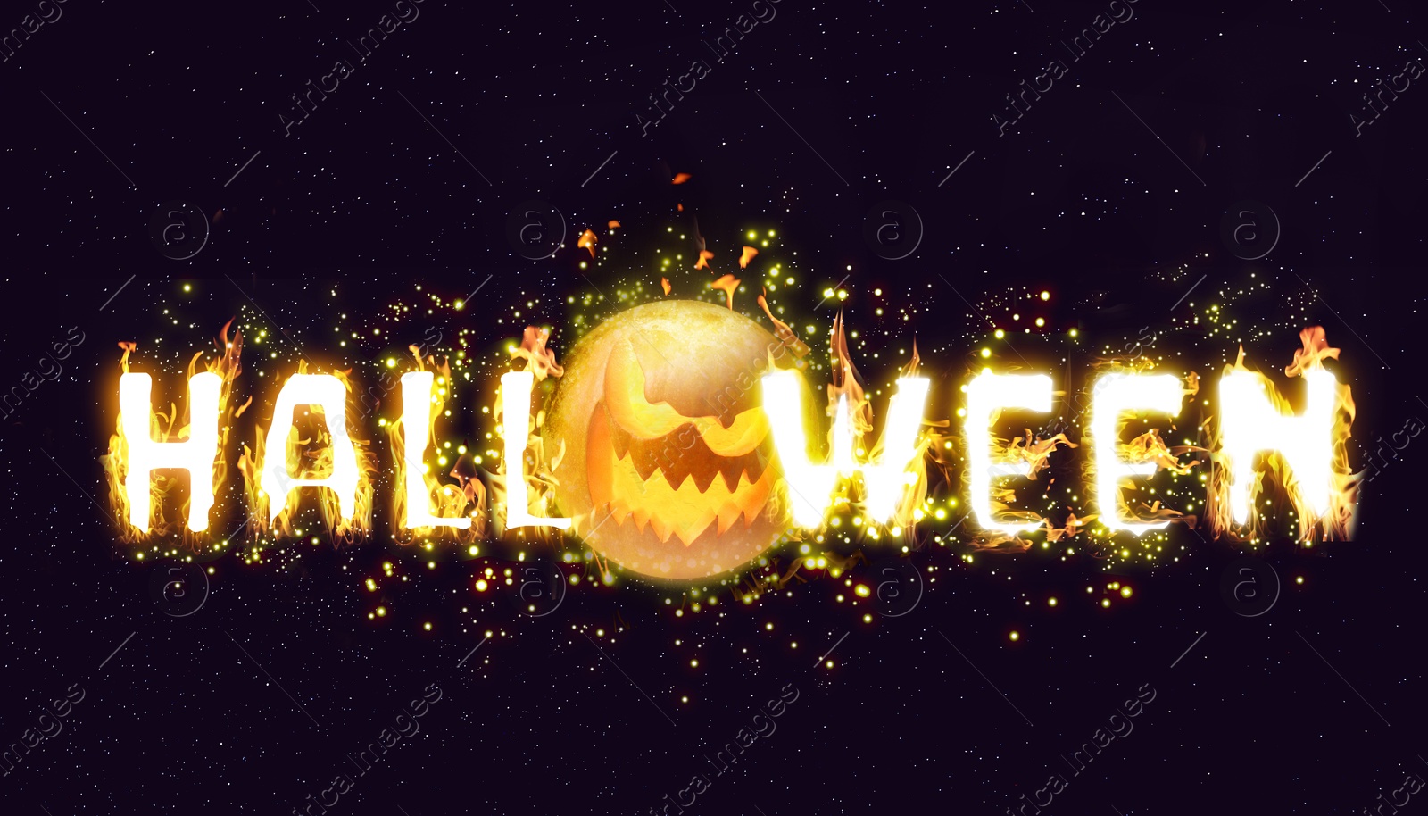 Image of Halloween poster, banner design. Jack-O-Lantern instead of O and flaming letters against starry night sky