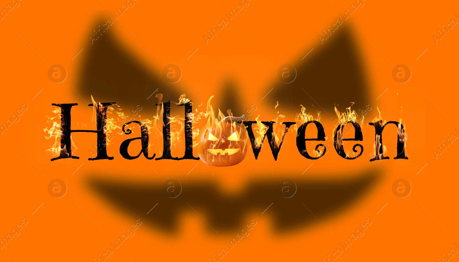 Image of Halloween poster, banner design. Flaming word with Jack-O-Lantern instead of letter O against spooky face on orange background