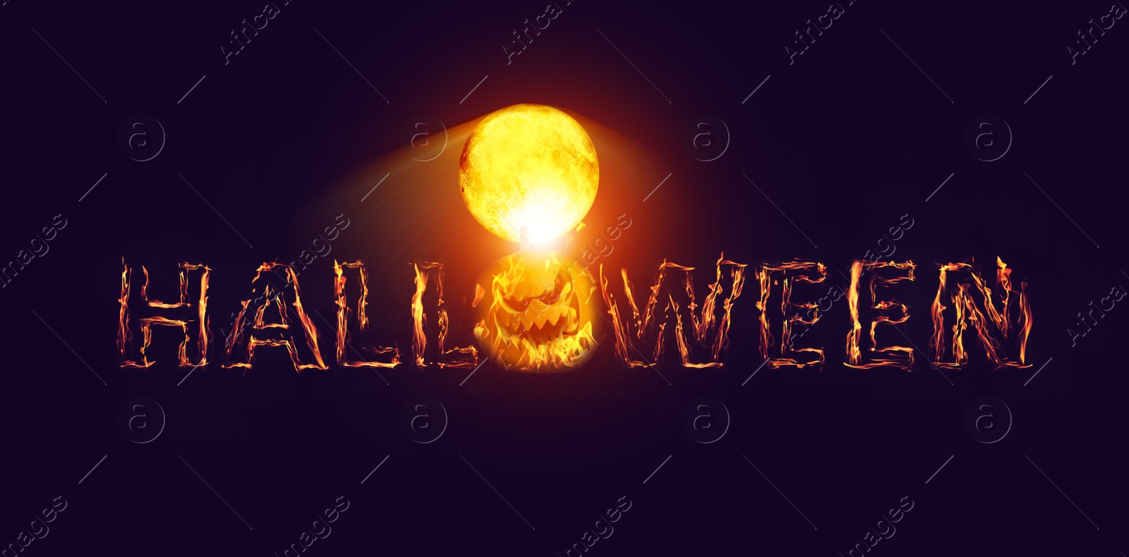 Image of Halloween poster, banner design. Flaming word with Jack-O-Lantern instead of letter O under full moon in night sky