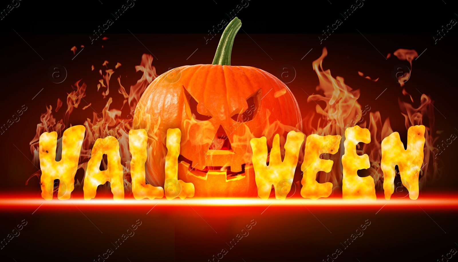 Image of Halloween poster, banner design. Jack-O-Lantern instead of O and flaming letters against black background