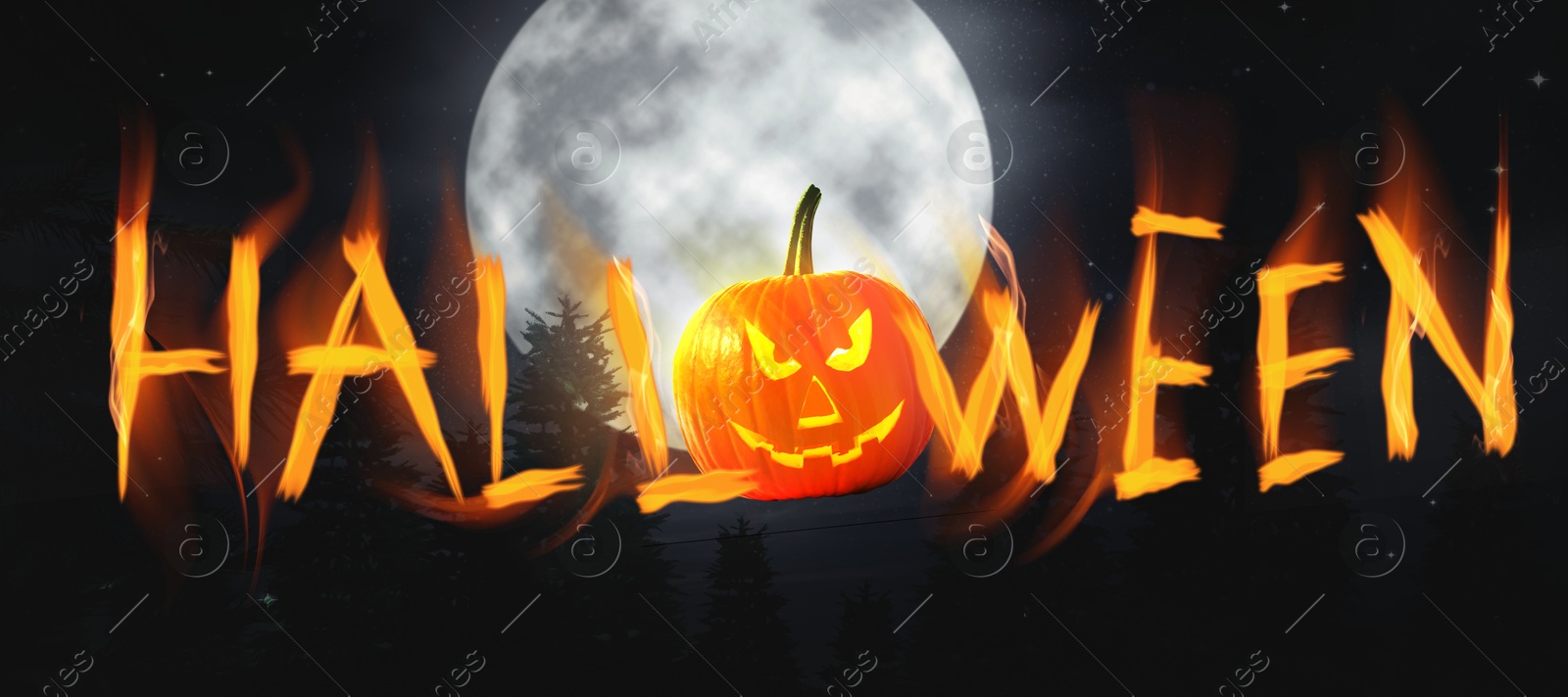 Image of Halloween poster, banner design. Jack-O-Lantern instead of O and flaming letters against full moon in night sky