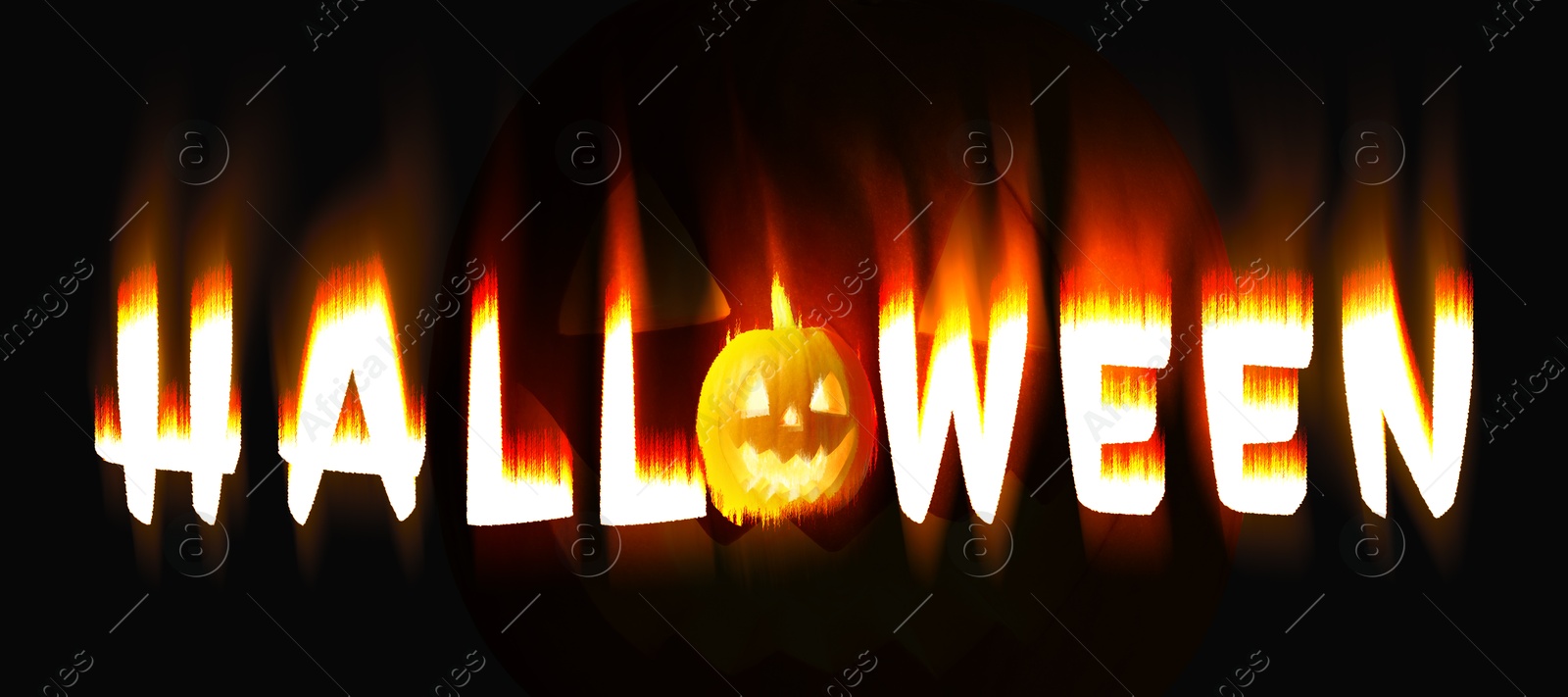 Image of Halloween poster, banner design. Jack-O-Lantern instead of O and flaming letters against black background