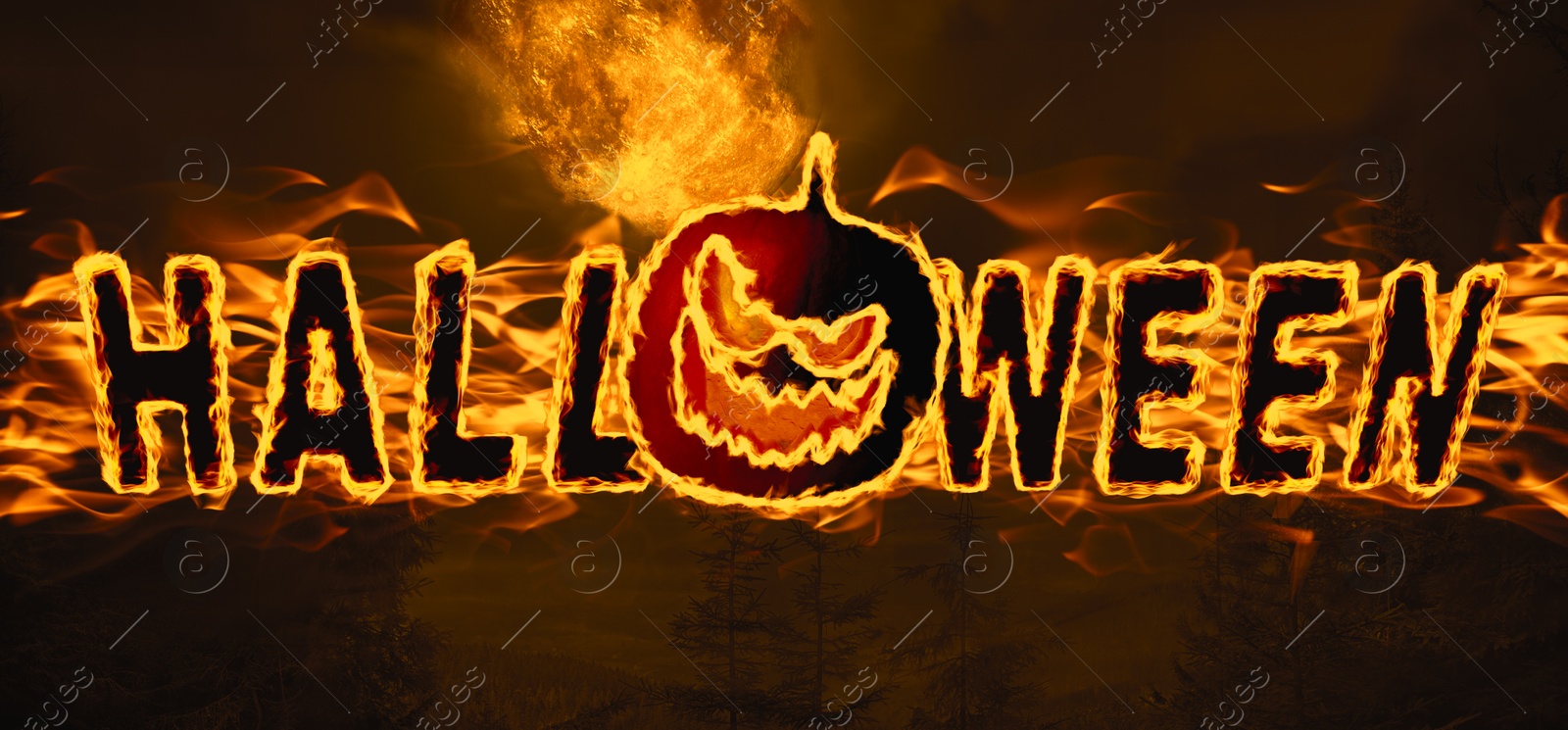 Image of Halloween poster, banner design. Flaming word with Jack-O-Lantern instead of letter O under full moon in night sky