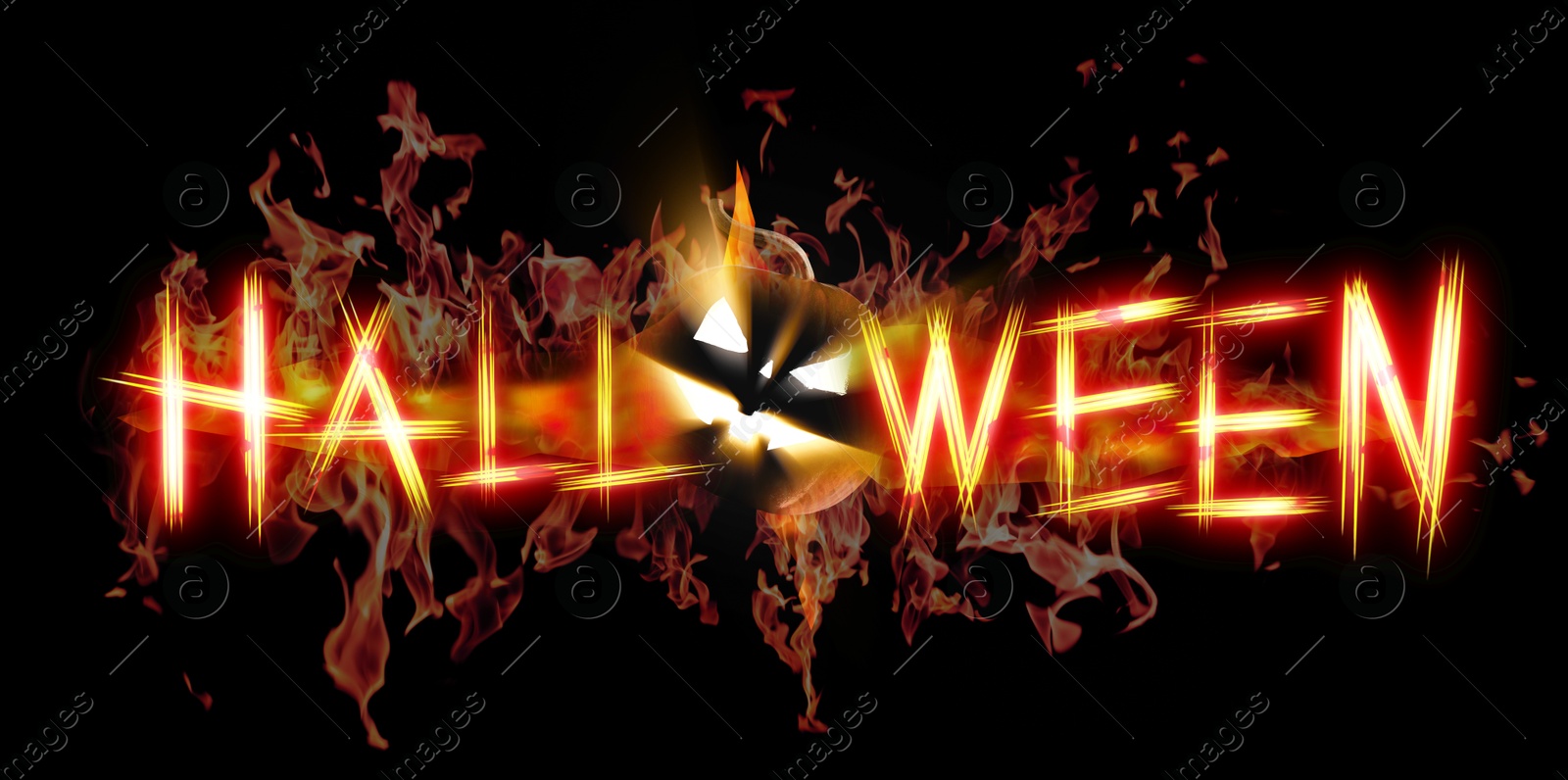Image of Halloween poster design. Scratched letters with Jack-O-Lantern instead of O against black background