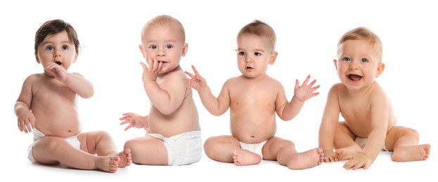 Image of Adorable babies in diapers on white background