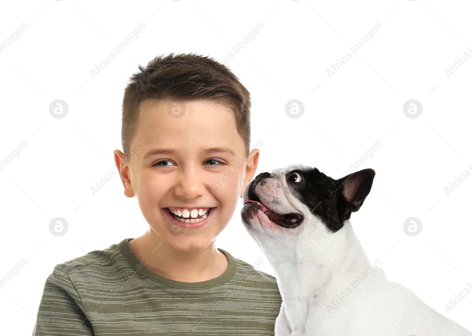 Image of Cute child and dog on white background. First pet