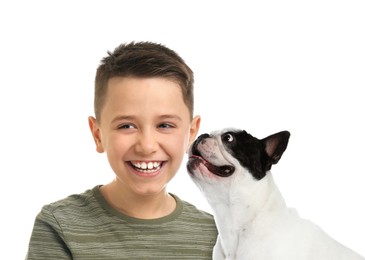 Image of Cute child and dog on white background. First pet