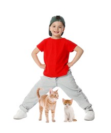 Image of Cute child and cats on white background. First pet