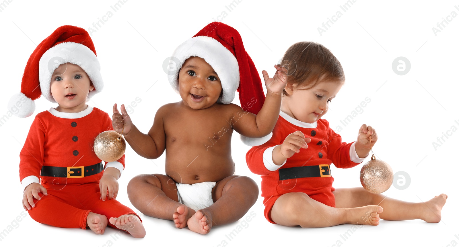 Image of Adorable babies with Santa hats and Christmas balls on white background