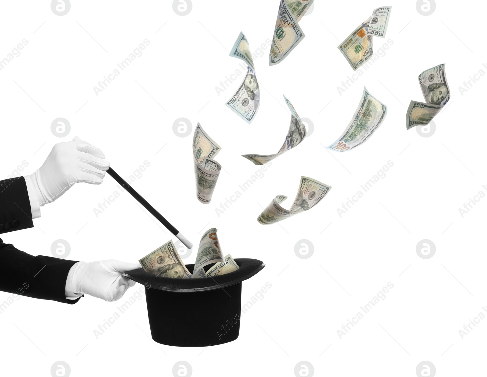 Image of Magician performing trick with money flying out of hat against white background, closeup