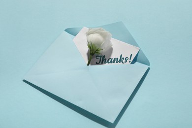 Image of Thank card and flower in envelope on light blue background