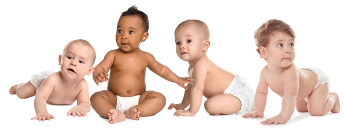 Image of Adorable babies in diapers on white background