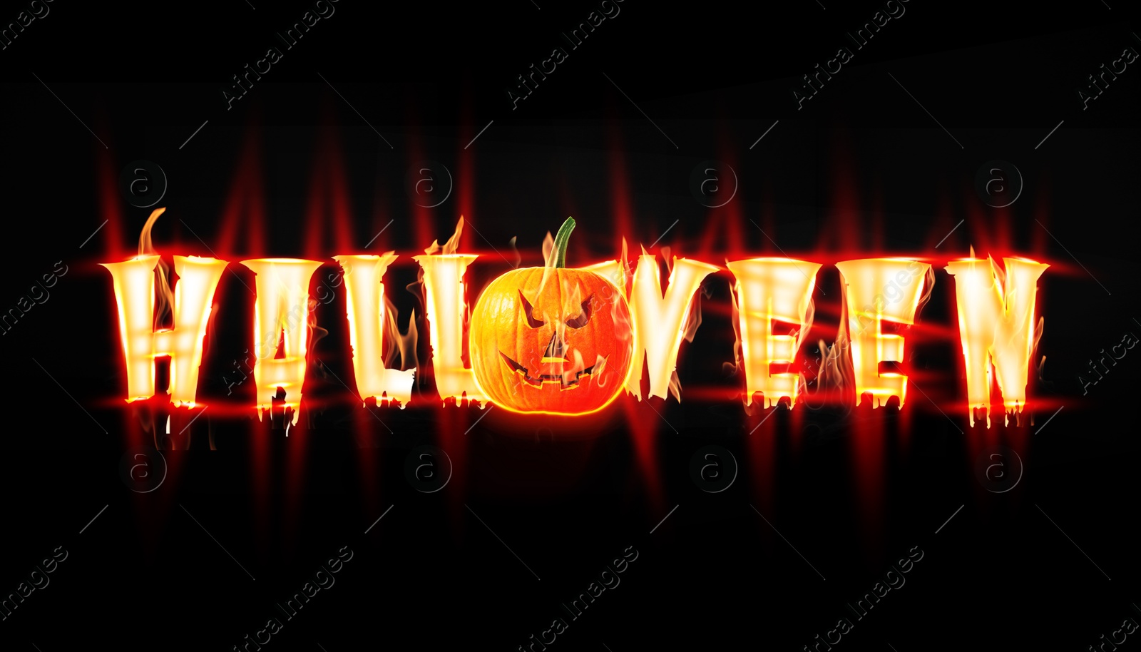 Image of Halloween poster, banner design. Jack-O-Lantern instead of O and shiny letters against black background