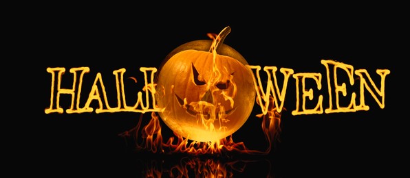Image of Halloween poster, banner design. Jack-O-Lantern and full moon instead of letter O against black background