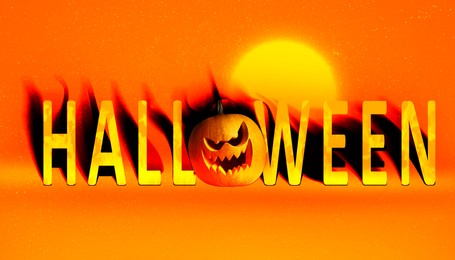Image of Halloween poster design. Jack-O-Lantern instead of letter O against orange background