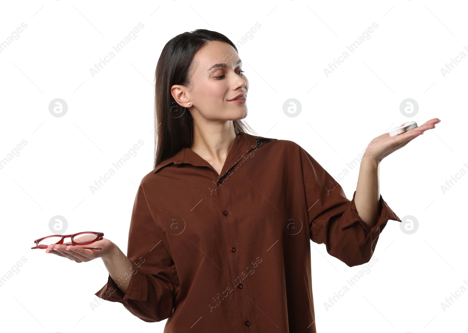 Photo of Woman choosing between glasses and contact lenses on white background