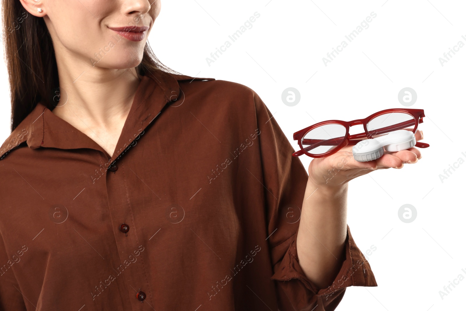 Photo of Woman choosing between glasses and contact lenses on white background, closeup