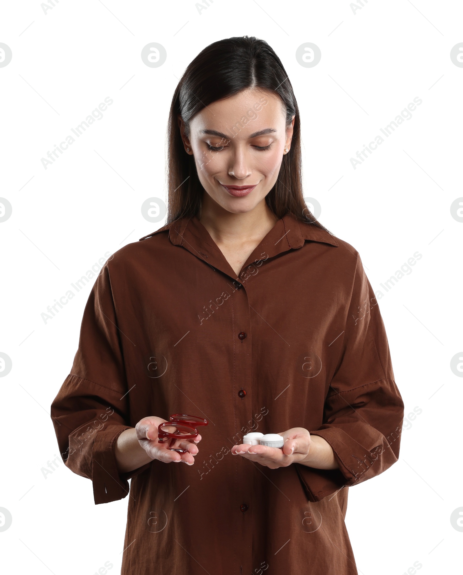 Photo of Woman choosing between glasses and contact lenses on white background