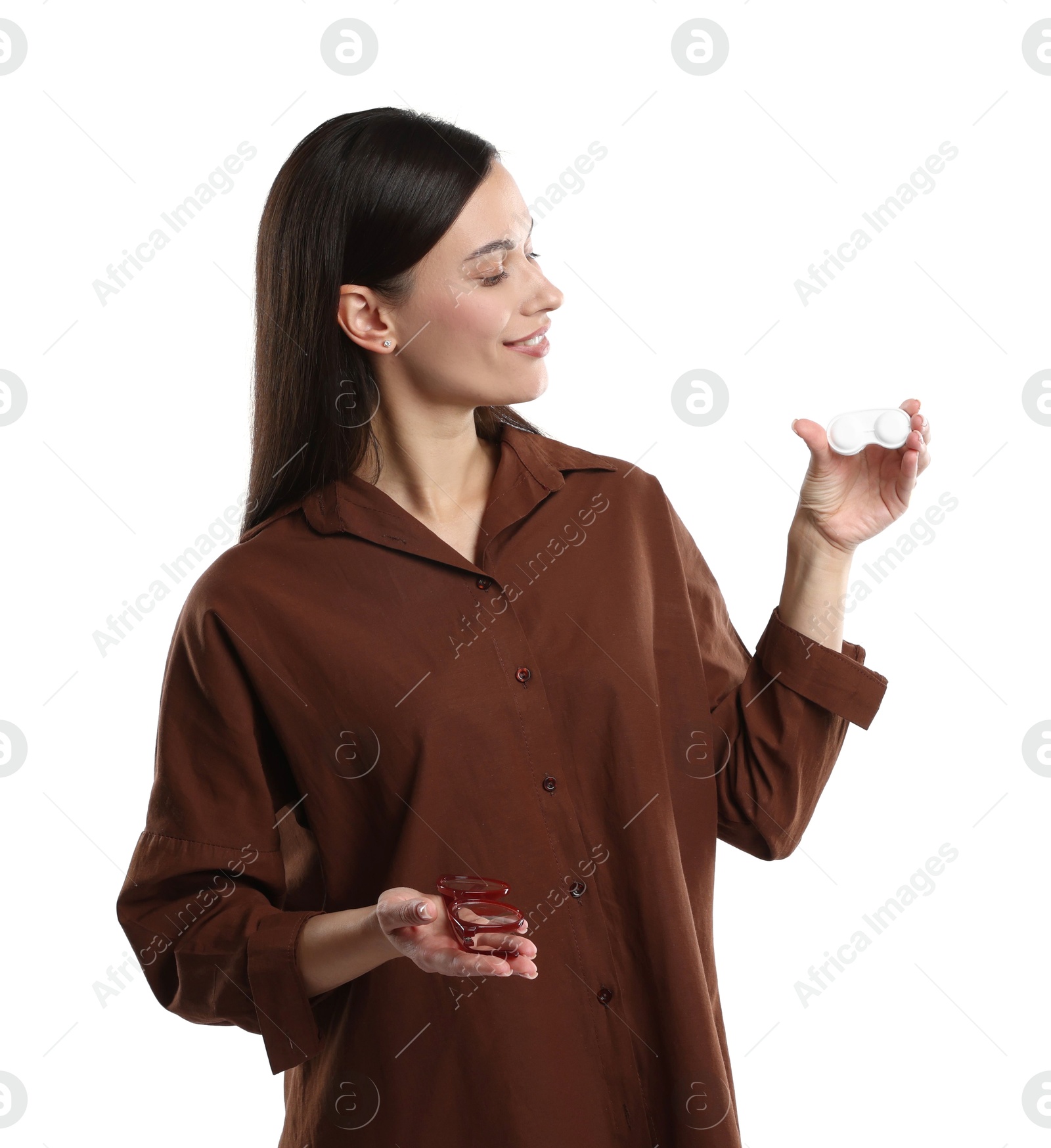 Photo of Woman choosing between glasses and contact lenses on white background