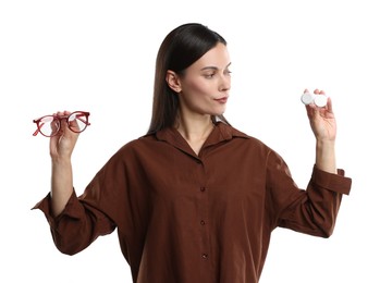 Photo of Woman choosing between glasses and contact lenses on white background