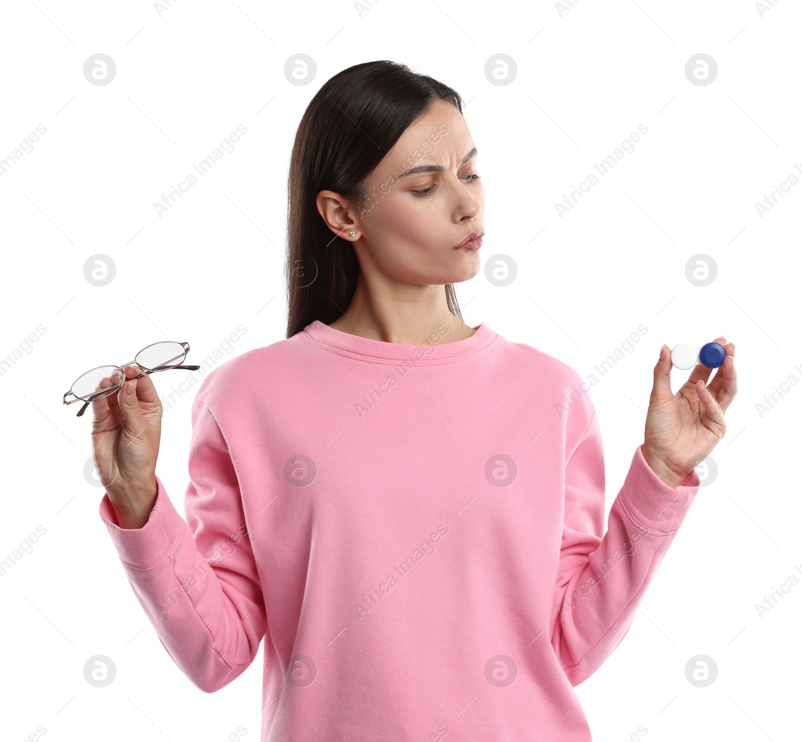 Photo of Woman choosing between glasses and contact lenses on white background