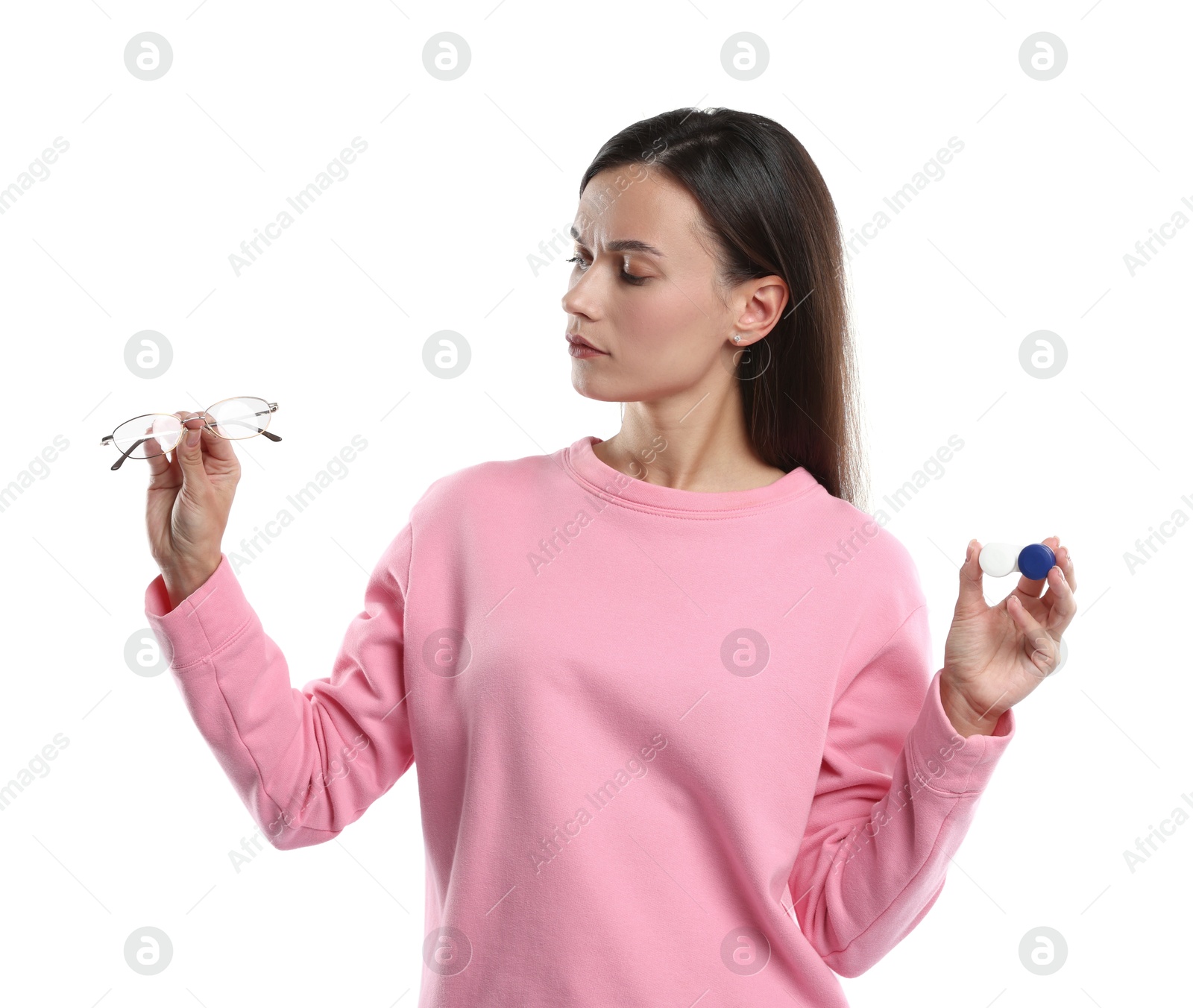 Photo of Woman choosing between glasses and contact lenses on white background